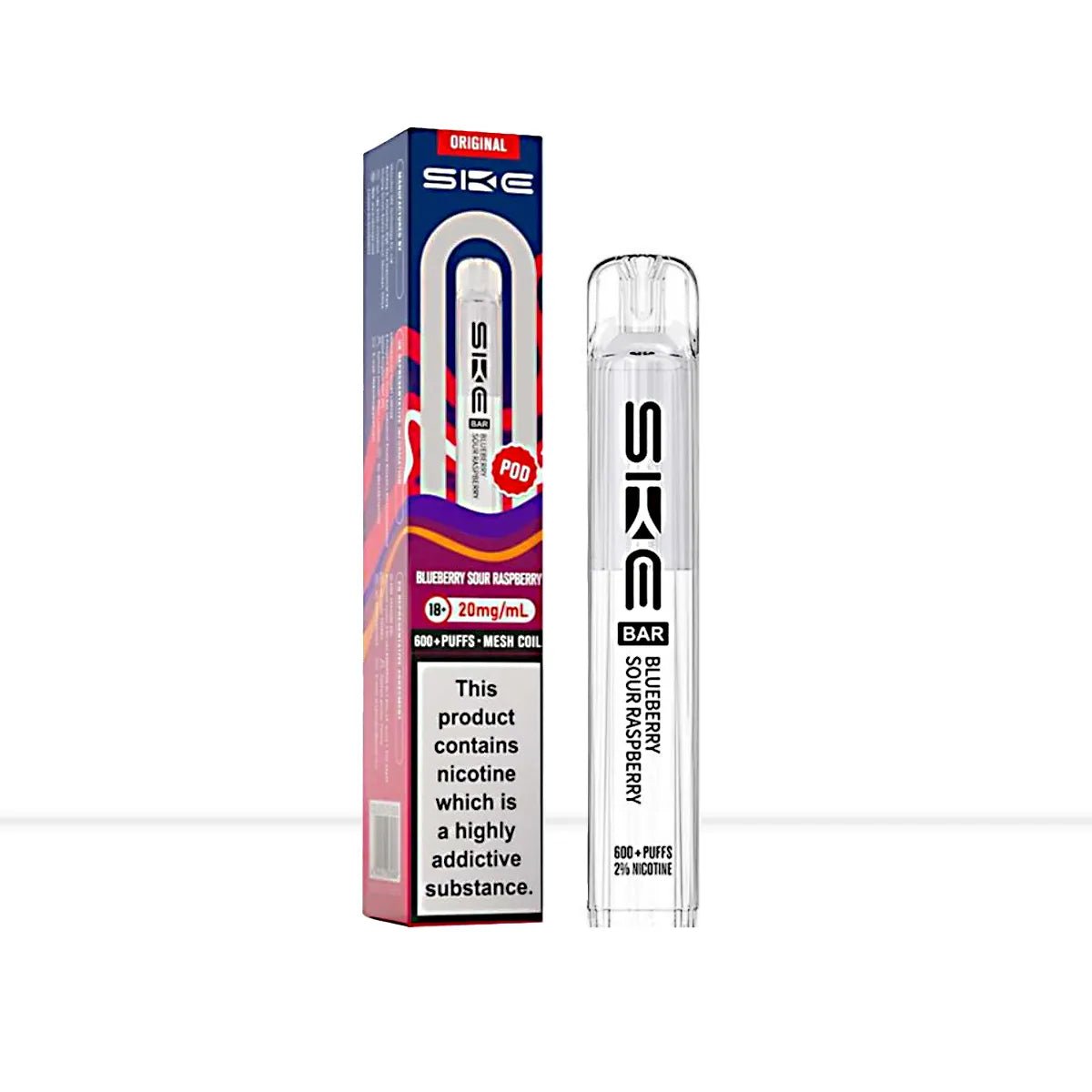 SKE Crystal Bar Blueberry Sour Raspberry Prefilled Pods - SKE vape pen and packaging on a white background